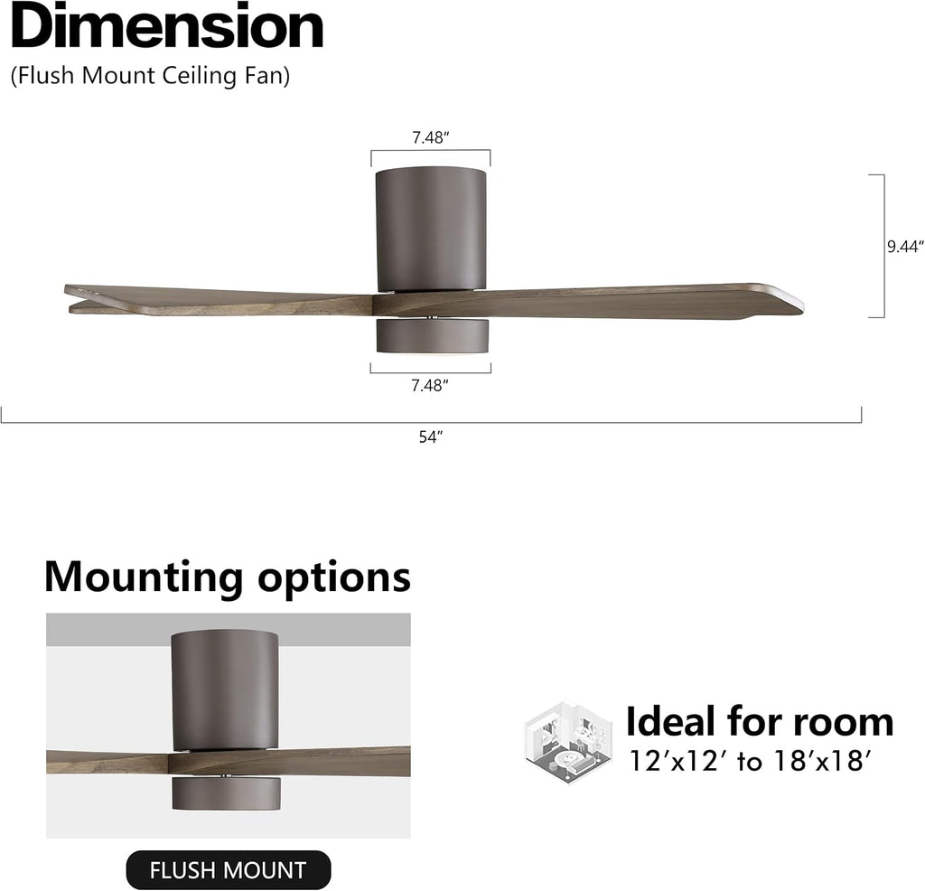 WINGBO 54 Inch Flush Mount DC Ceiling Fan with Lights and Remote, 5 Reversible Carved Wood Blades, 6-Speed Noiseless DC Motor, Hugger Ceiling Fan in Graphite Finish with Gray Blades, ETL Listed