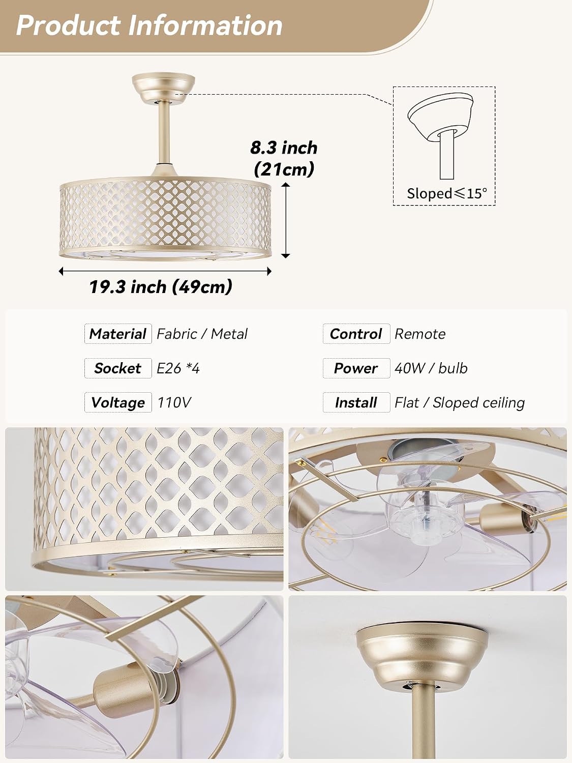 Gold Fandelier Ceiling Fan with Light, 20' Caged Boho Ceiling Fans with Lights and Remote, Mid Century with 6 Speeds for Bedroom, Living Room, Nursery