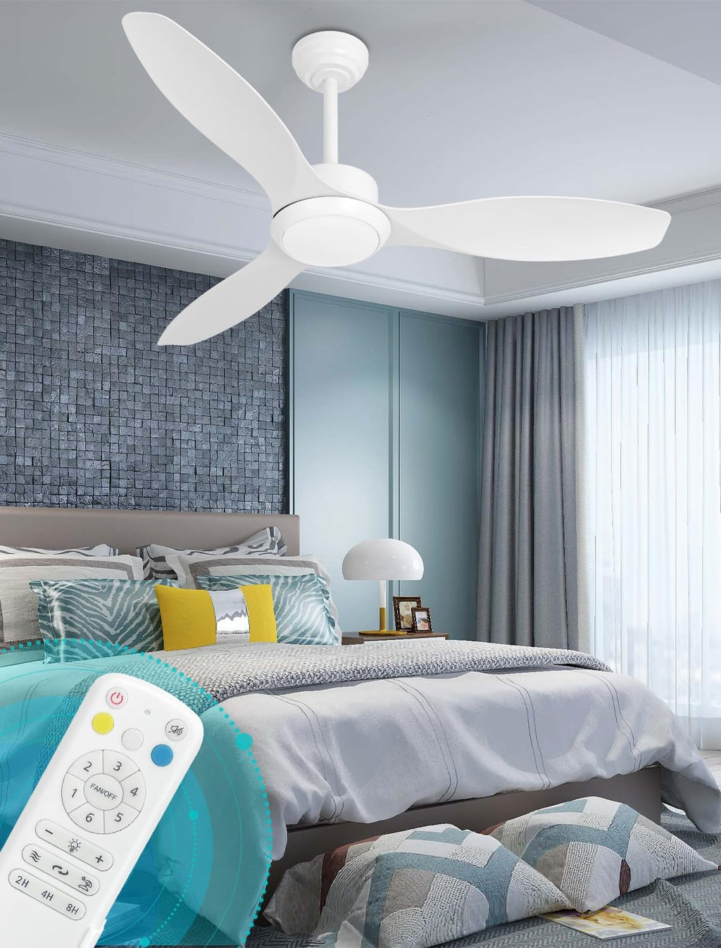 48 inch White Ceiling Fans with Lights and Remote, Modern Ceiling Fan with 3 Blades, Quiet Reversible DC Motor, 3 Color Dimmable Lights,6 Speed, for Bedroom Living Room Indoor Outdoor Patios