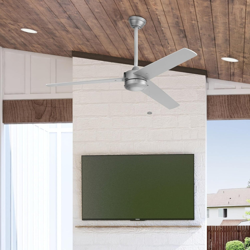 Prominence Home Tenant, 52 Inch Contemporary Indoor Outdoor LED Ceiling Fan, No Light, Pull Chain, Dual Mounting Options, 3 Dual Finish Blades, Reversible Airflow - 51867-01 (Brushed Nickel)