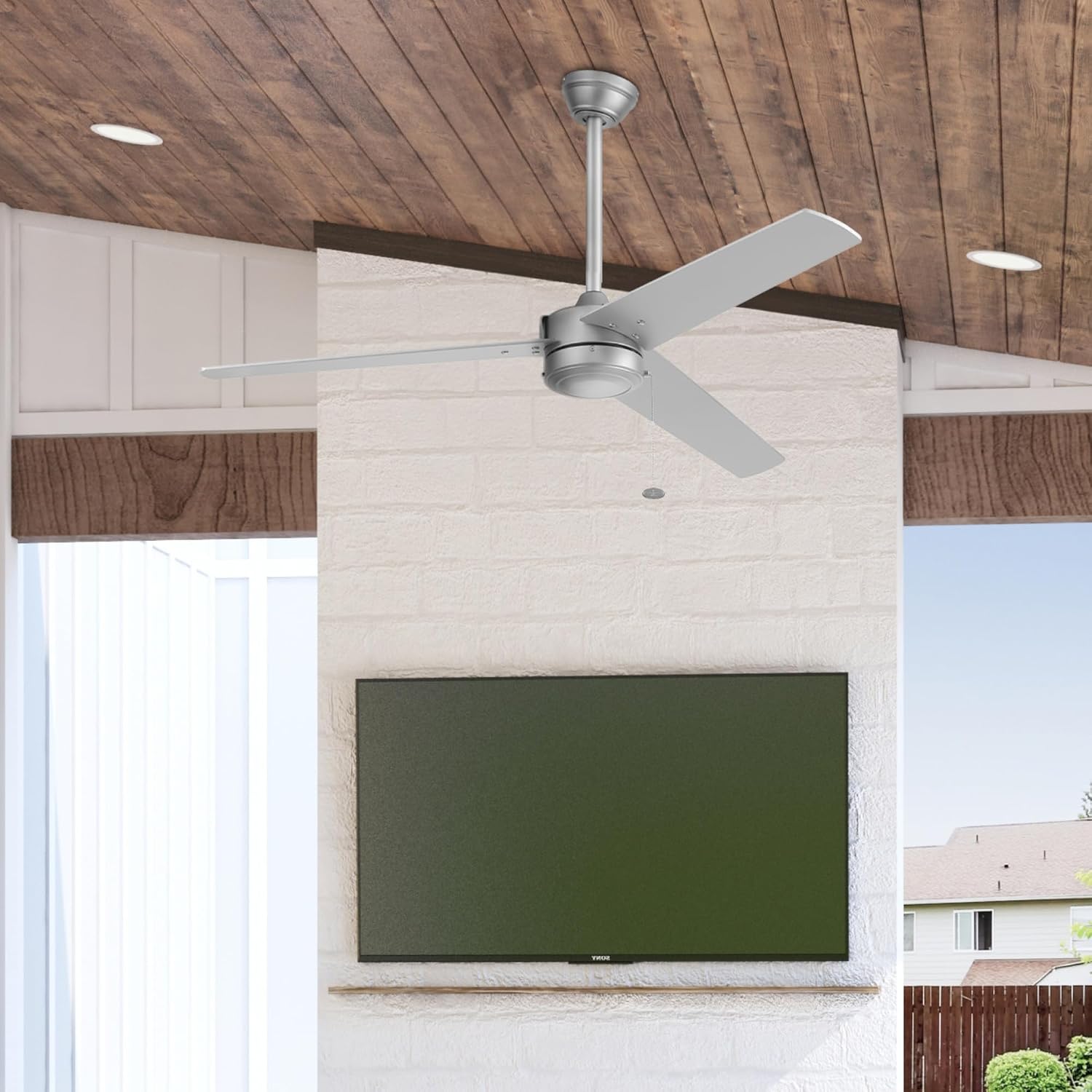 Prominence Home Tenant, 52 Inch Contemporary Indoor Outdoor LED Ceiling Fan, No Light, Pull Chain, Dual Mounting Options, 3 Dual Finish Blades, Reversible Airflow - 51867-01 (Brushed Nickel)