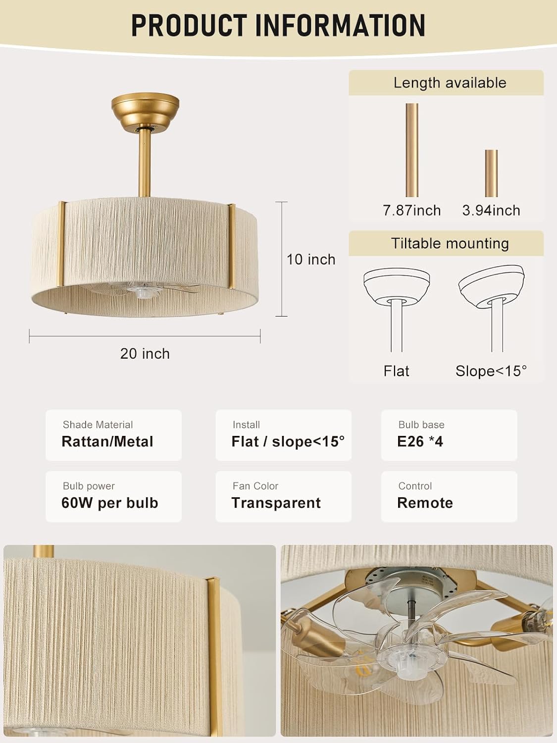 Boho Fandelier Ceiling Fan with Light, Rattan Caged Ceiling Fan with Light and Remote Control, Gold Chandelier Fan for Bedroom, Living Room,Kitchen,Foyer(20 Inch, 6 Speed, Timing,Adjustable Height)