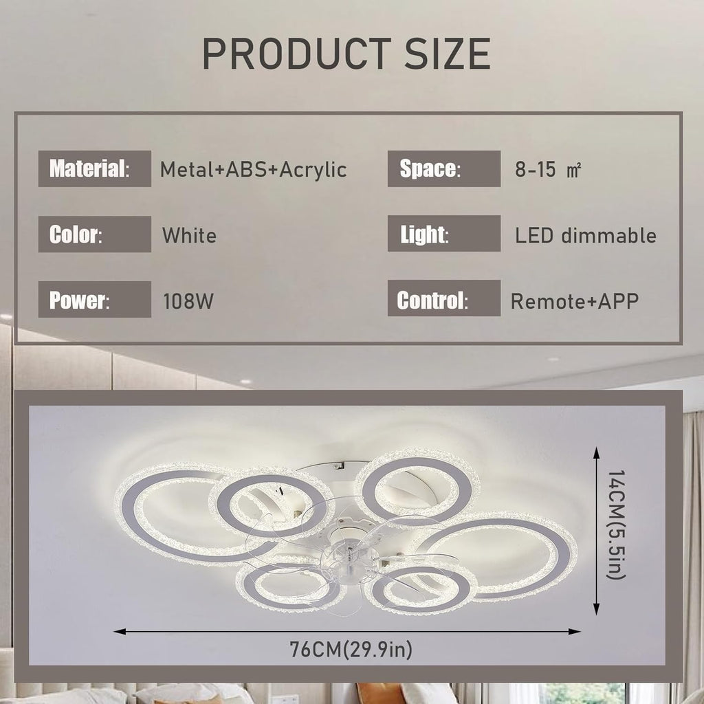 76CM Smart Ceiling Light with Fan DC Motor 6 Gear Reversible Bedroom Ceiling Fan with Lighting LED Dimmable Quiet Modern Living Room Lamp with Fan (Color : White)
