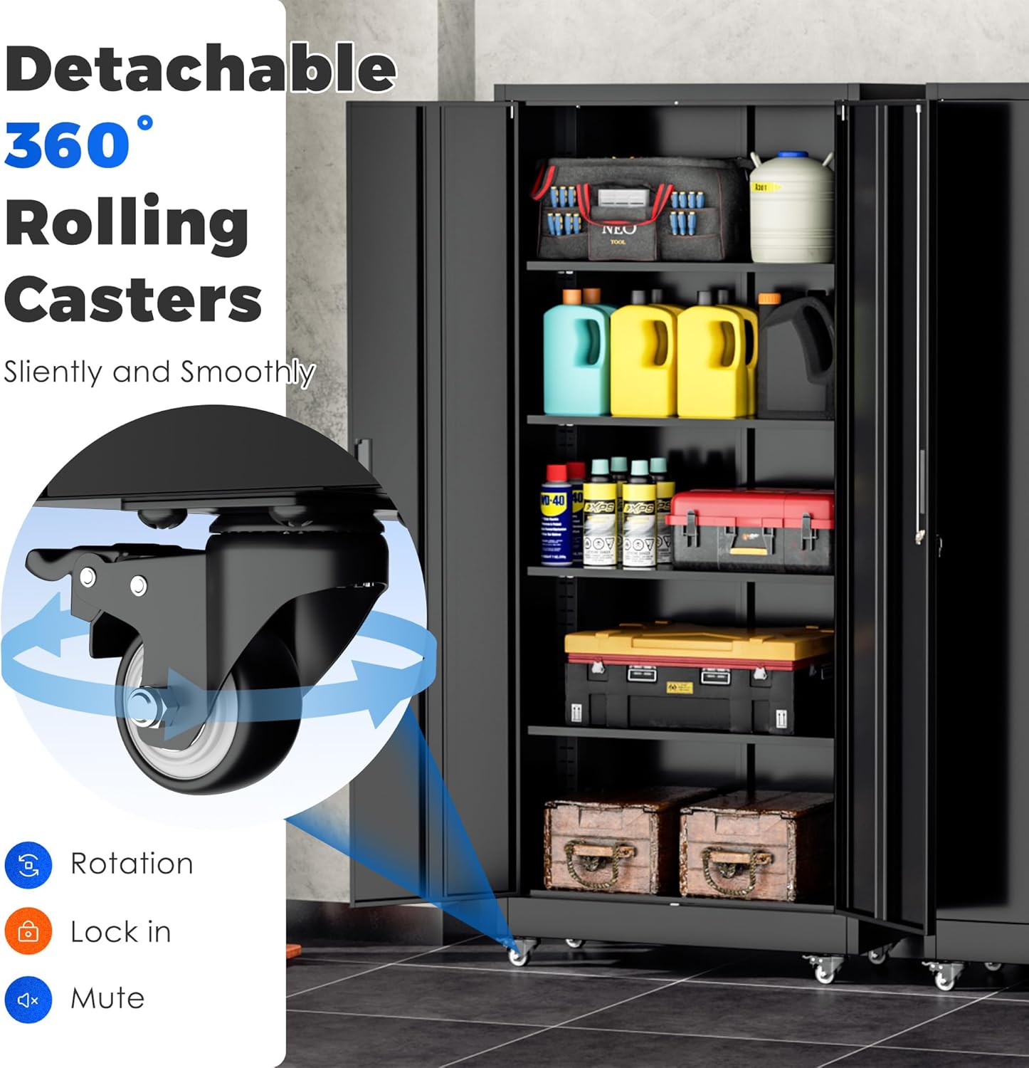 INTERGREAT Metal Storage Cabinet with Wheels, 73' Garage Storage Cabinets with Door and 4 Shelves, Tool Storage Locker on Caster for Home, Office, Black