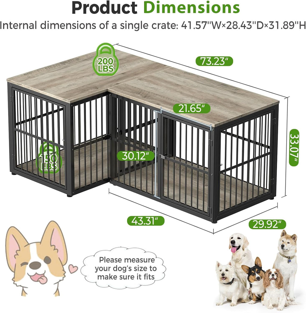 Lyromix 43'' L-Shaped Corner Dog Crate Furniture Large Breed with Double Rooms,Wooden Dog Crate End Table Indoor with Removable Divider for Small to Medium Dogs, Can Use Separately