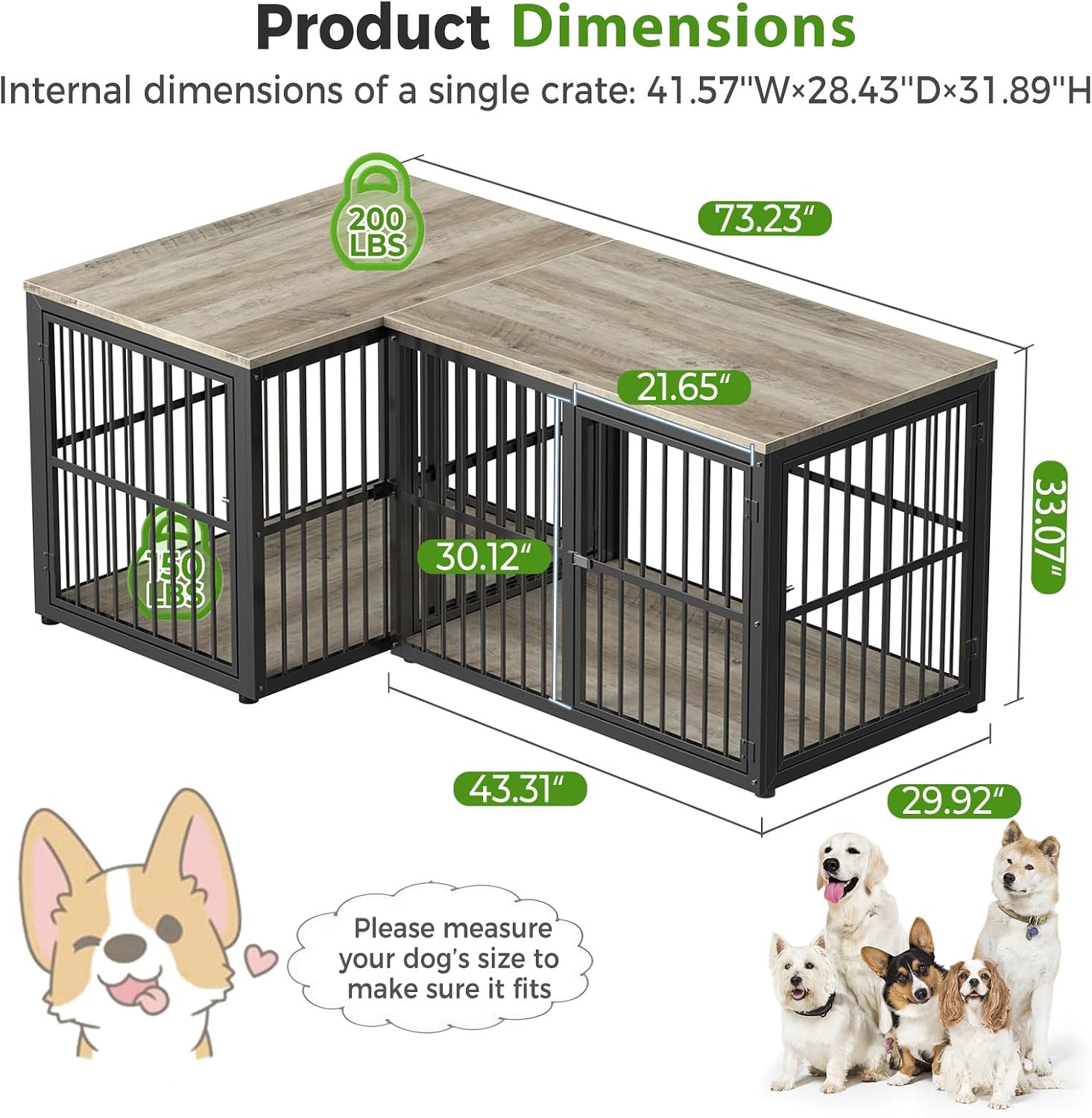 Lyromix 43'' L-Shaped Corner Dog Crate Furniture Large Breed with Double Rooms,Wooden Dog Crate End Table Indoor with Removable Divider for Small to Medium Dogs, Can Use Separately