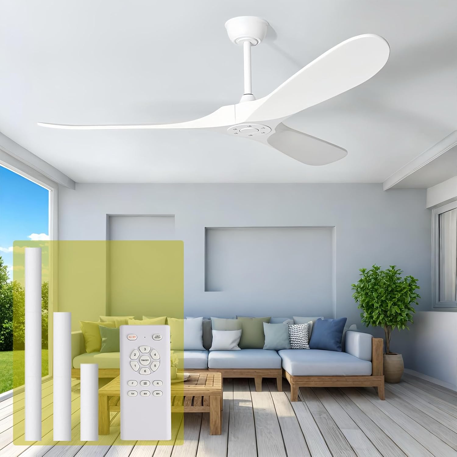 72 Inch White Ceiling Fan No Light ，Wood Outdoor Ceiling Fans for Patios Living Room Garage Kitchen Mid Century Modern Exterior Extra Large Ceiling Fan Without Light with Downrod