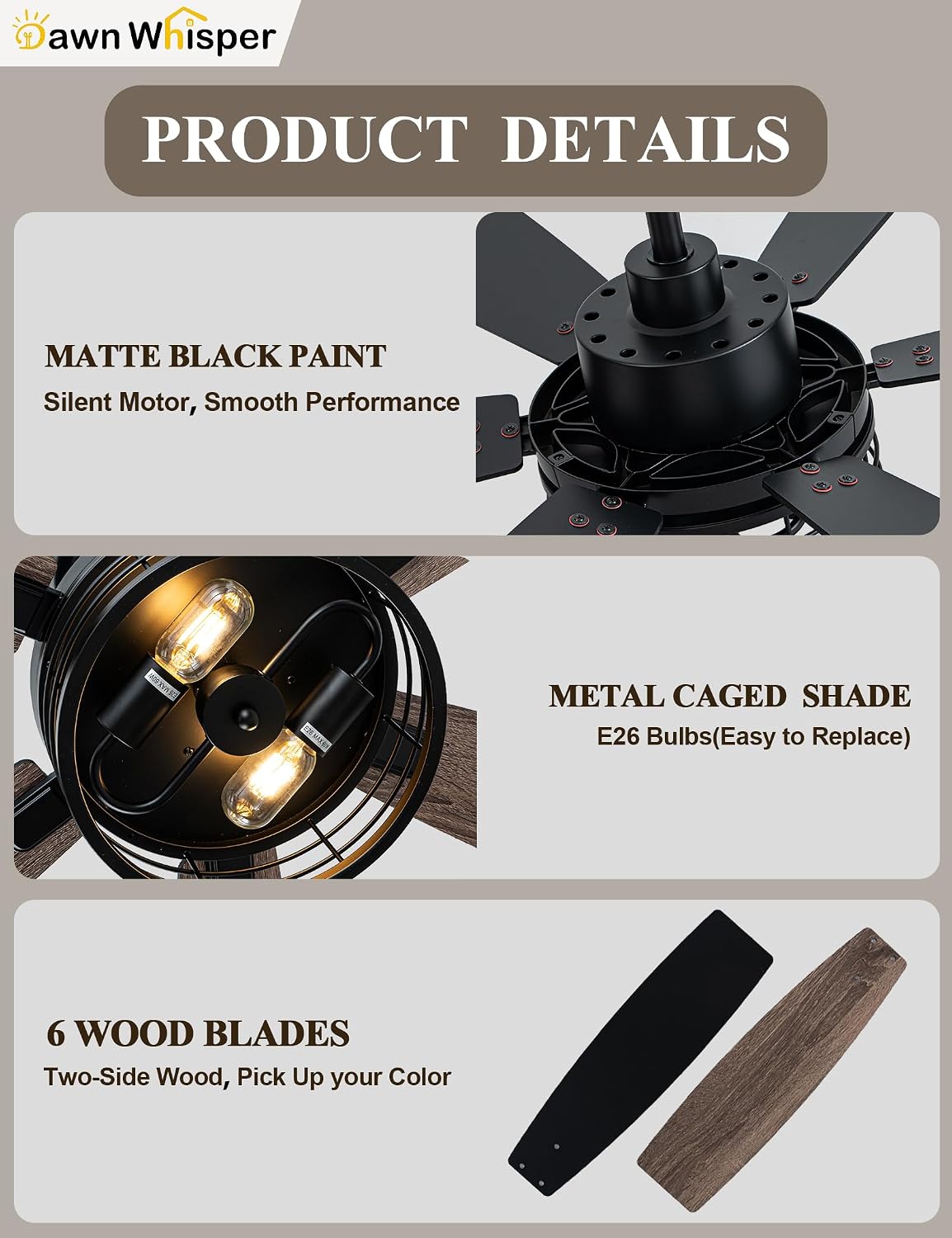 60 Inch Farmhouse Ceiling Fans with Lights Black Caged Rustic Industrial Chandelier Fans for Living Room Bedroom Quiet Reversible DC Motor 6 Speeds 6 Modern-Farmhouse Styles Dual-Finish Blade