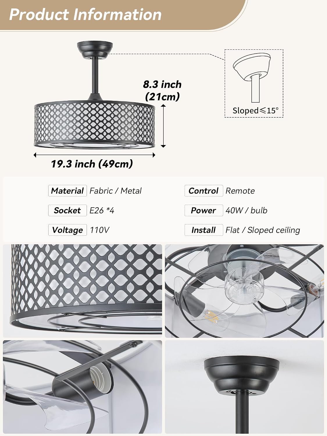 Black Fandelier Ceiling Fan with Light, 20' Caged Boho Ceiling Fans with Lights and Remote, Mid Century with 6 Speeds for Bedroom, Living Room, Nursery
