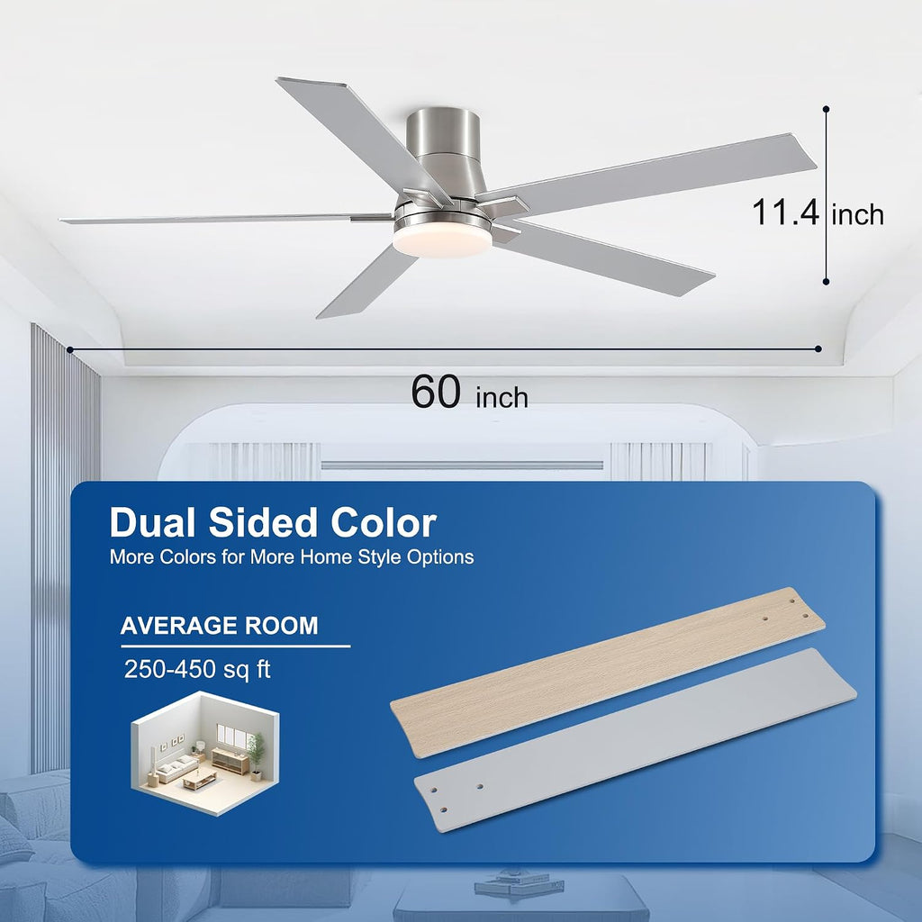 60 Inch Flush Mount Brushed Nickel Ceiling Fans with Lights and Remote | 6 Speed Reversible DC motor,3-color temperature dimmable LED.For indoor/covered outdoor.Modern style for bedroom room