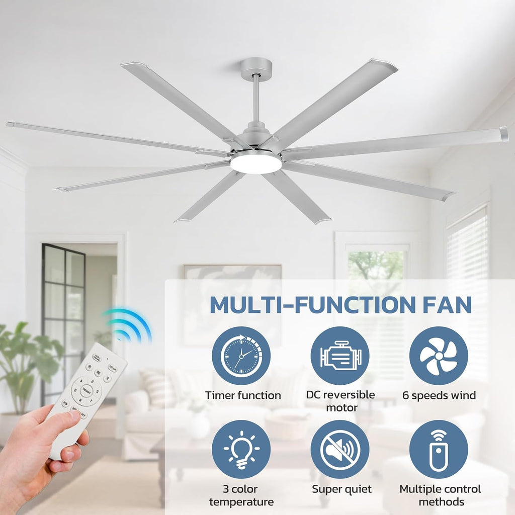 84 Inch Large Ceiling Fan with Light, 8 Aluminum Blades, DC Motor, 6 Speed Remote Control, Modern Indoor Outdoor Ceiling Fan with 3 Downrods, Reversible Quiet Fan for Living Room,Great Room,Patio,Shop