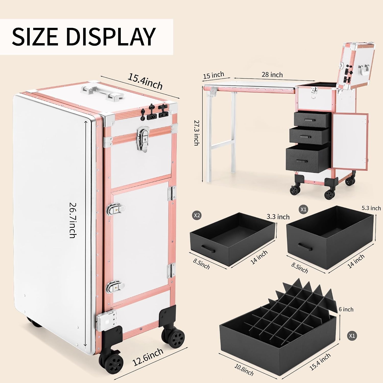 Portable Manicure Table 3 Drawers, Rolling Lockable Makeup Train Case with Blueteeth Speaker and Nail Polish Organizer, Foldable Nail Desk with Mirror & TSA Lock for Nail Tech and Salon Use