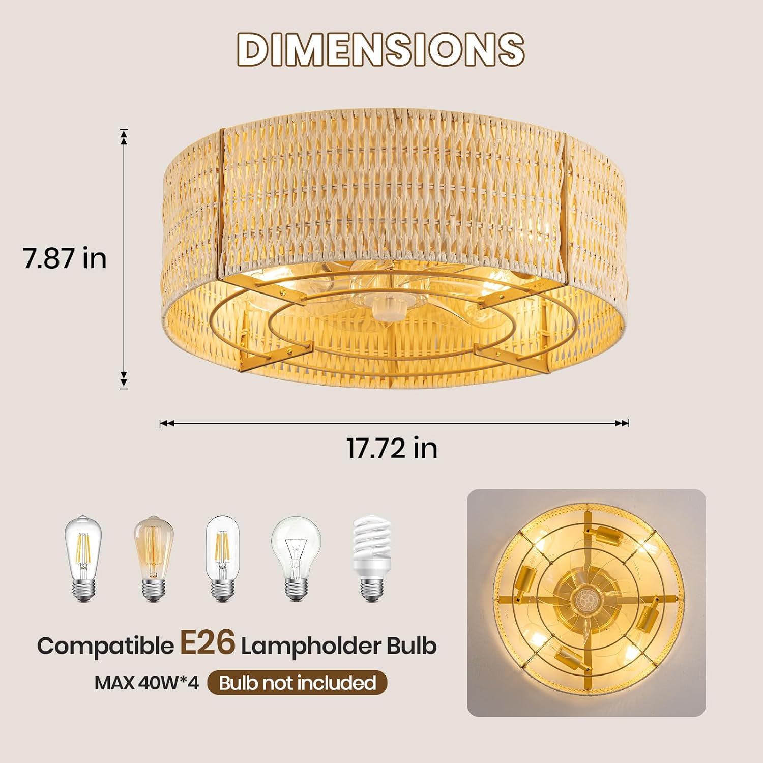Boho Ceiling Fan with Light, Rattan Fandelier Flush Mount with Remote, Reversible Motor, Enclosed Low Profile Wicker Cage,Farmhouse Caged Ceiling Fans for Bedroom, Living Room, Kitchen