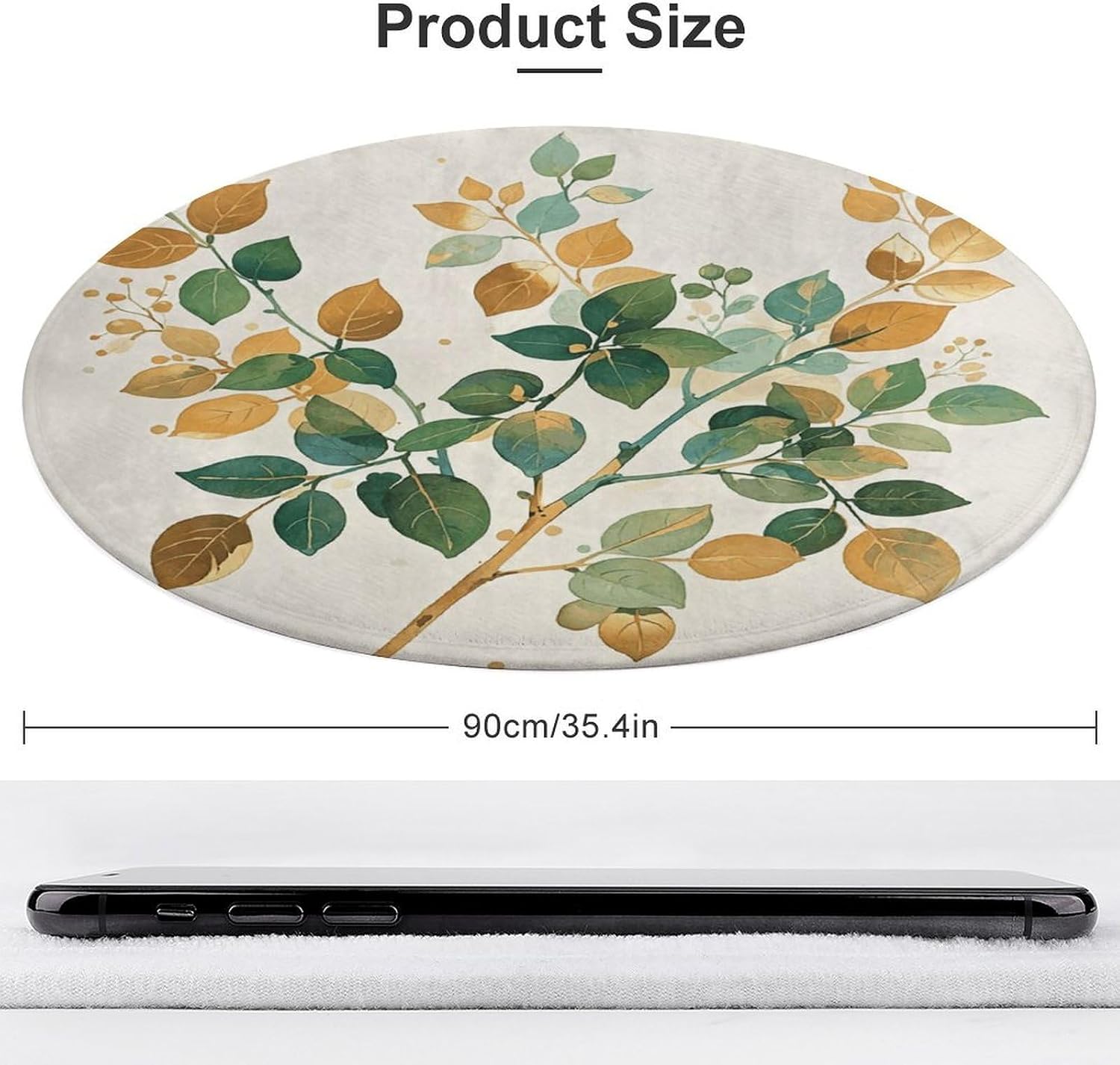Watercolor Golden Green Plant Branches Coral Velvet Round Floor Mat Non-Slip Bath Rug Floor Covering for Bathroom Vanity Guest Suite & Vacation Home