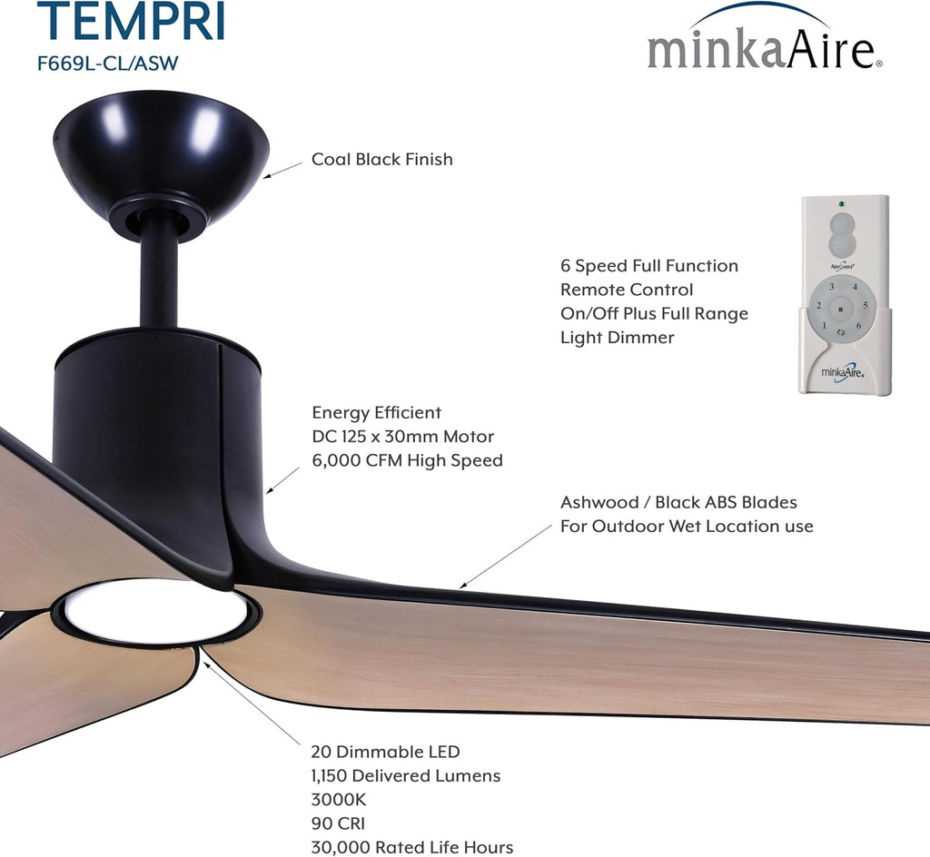 MINKA-AIRE F669L-CL/ASW Tempri 56' 3-Blade LED Indoor/Outdoor Ceiling Fan in Coal Black and Ashwood Finish Blades with Etched Lens