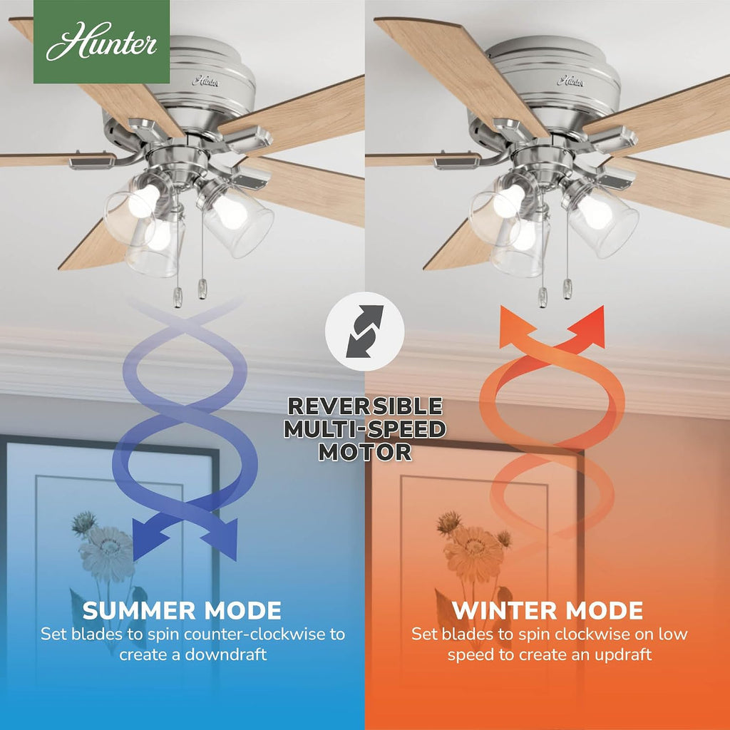 Hunter 52 inch Indoor Ceiling Fan with LED Lights and Pull Chain - Low Profile Flush Mount Ceiling Fan, 5 Blades, For Bedroom, Living Room, or Kitchen, Quiet - Crestfield 54209, Brushed Nickel