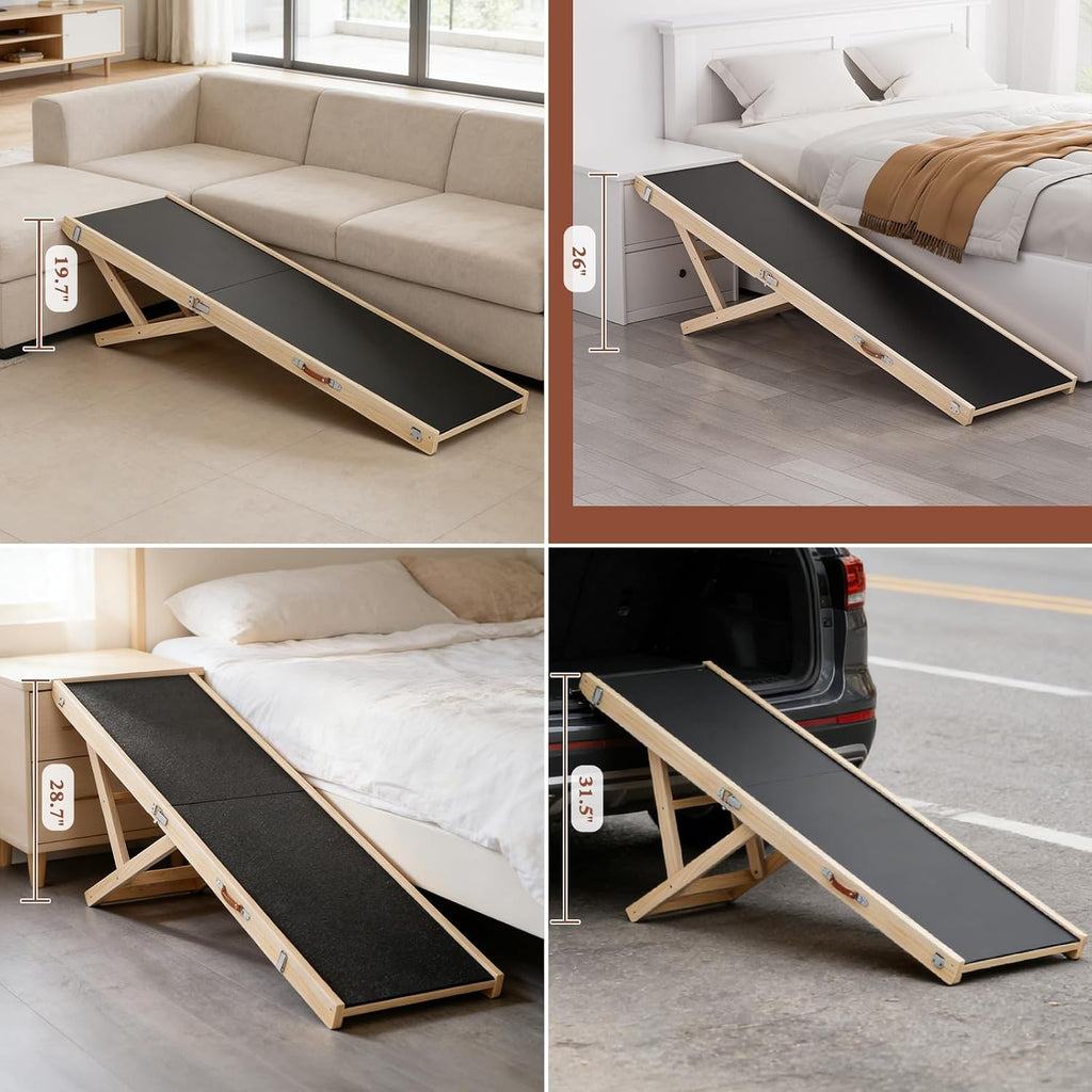 Dog Ramp for High Bed, Couch, Car, 64' Long Foldable Pet Ramp & 5 Adjustable Heights 19.7'-31.5' Wooden Dog Step with Anti-Slip Yoga Mat for Small Medium Large Older Pets, up to 200lbs