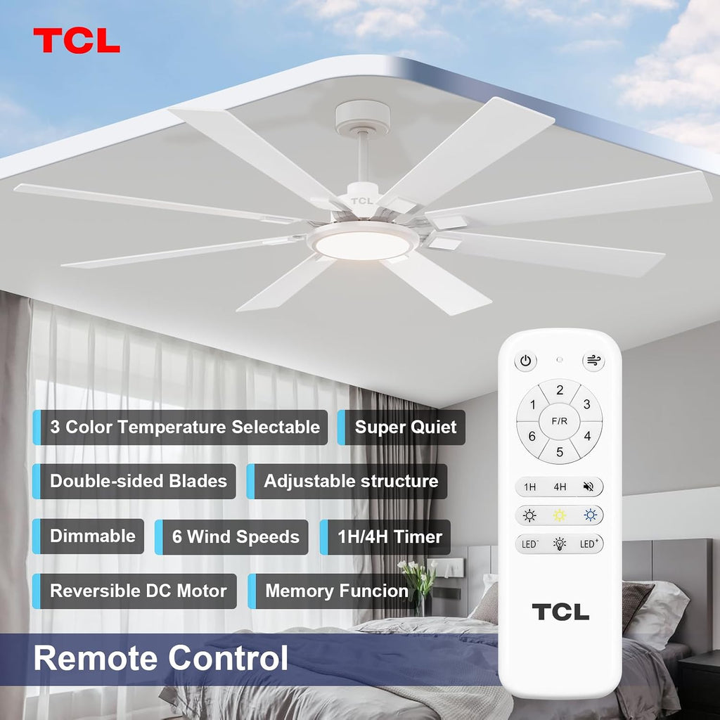 TCL Ceiling Fans with Lights and Remote: 8 Blades, Quiet Reversible DC Motor, Dimmable Super Bright LED, Noiseless Large Modern Fan for Room, Outdoor, Commercial and Industrial Use (White, 62 Inch)