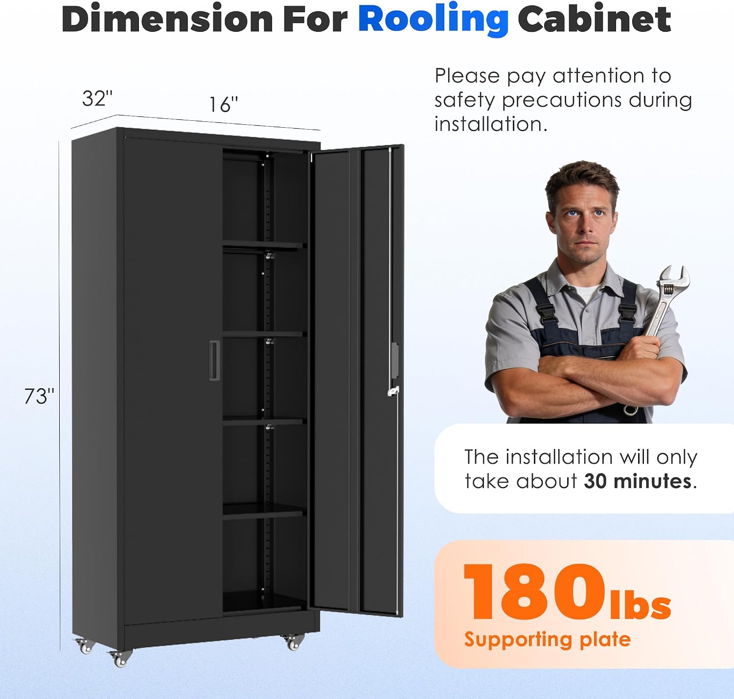 INTERGREAT Metal Storage Cabinet with Wheels, 73' Garage Storage Cabinets with Door and 4 Shelves, Tool Storage Locker on Caster for Home, Office, Black