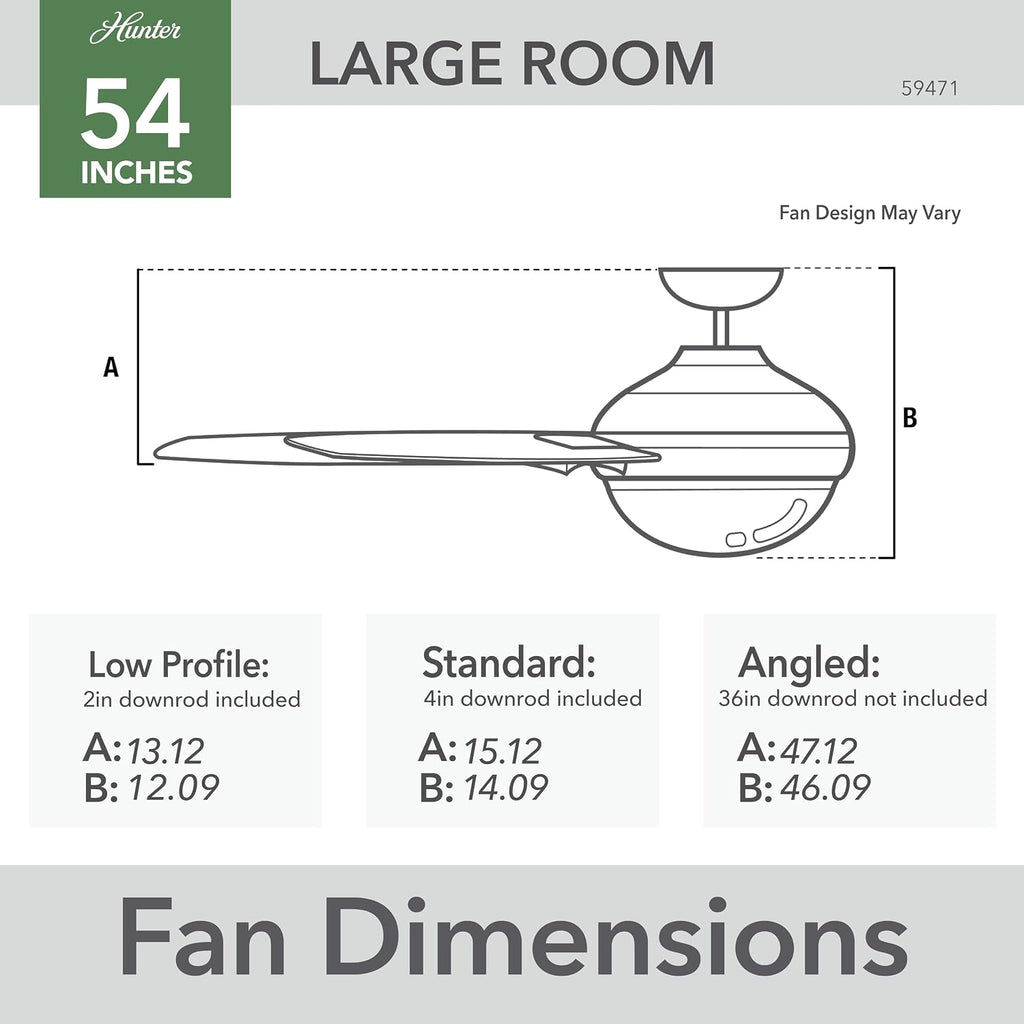 Hunter 54 inch Outdoor or Indoor Ceiling Fan with LED Light - Black Ceiling Fan with Wall Control, For Patio, Garage, or Porch, Quiet, Standard Mount, 3 Blades - Havoc 59471, Matte Black