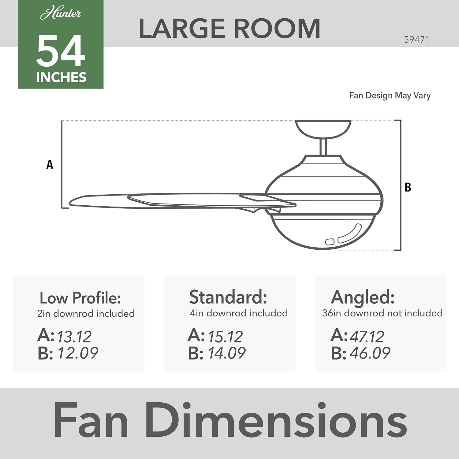 Hunter 54 inch Outdoor or Indoor Ceiling Fan with LED Light - Black Ceiling Fan with Wall Control, For Patio, Garage, or Porch, Quiet, Standard Mount, 3 Blades - Havoc 59471, Matte Black
