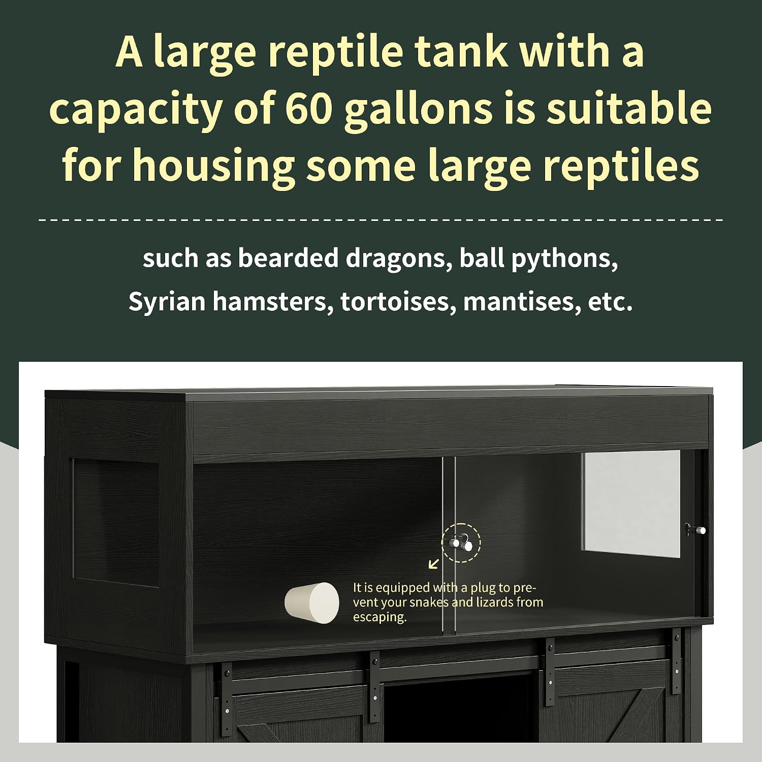 Herture 60 Gallon Reptile Terrarium with Stand, Terrarium Enclosure with Acrylic Doors, Storage Cabinet with Barn Door, Mesh Lid & Power Outlet – Vivarium Habitat for Medium Reptiles Black PX05RTB
