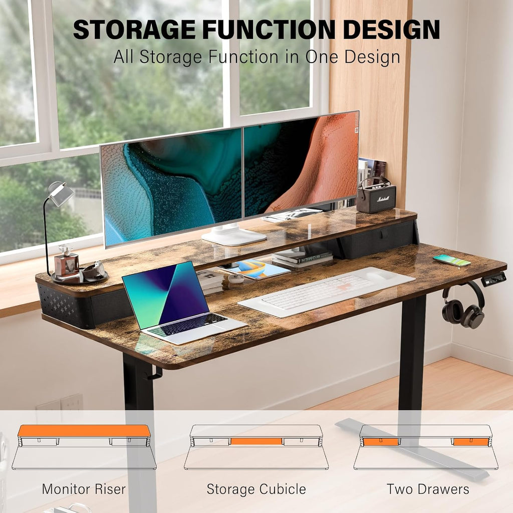 Electric Standing Desk with Two Drawers,48 x 24 Inch Sit Stand Desk Adjustable Height, Stand Up Desk with Storage Shelf, Computer Workstation for Home Office, Rustic Brown