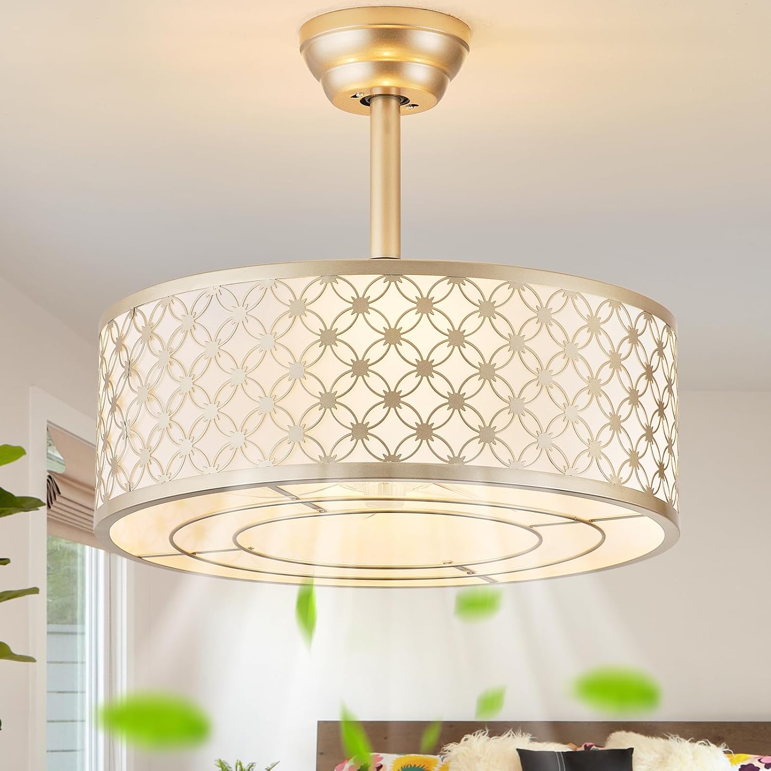 Gold Fandelier Ceiling Fan with Light, 20' Caged Gold Chandelier Ceiling Fans with Lights Remote Control, Fabric Mid-Century Modern with 6 Speeds for Bedroom, Nursery, Living Room.