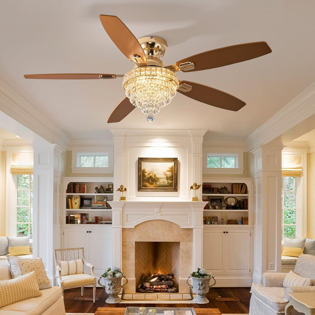 Crystal Ceiling Fan Fandelier with Lights-Ceiling Fans with Lights,54' Low Profile and Remote Control, Flush Mount, Reversible, Dimmable, Noiseless,Gold Ceiling Fan for Bedroom