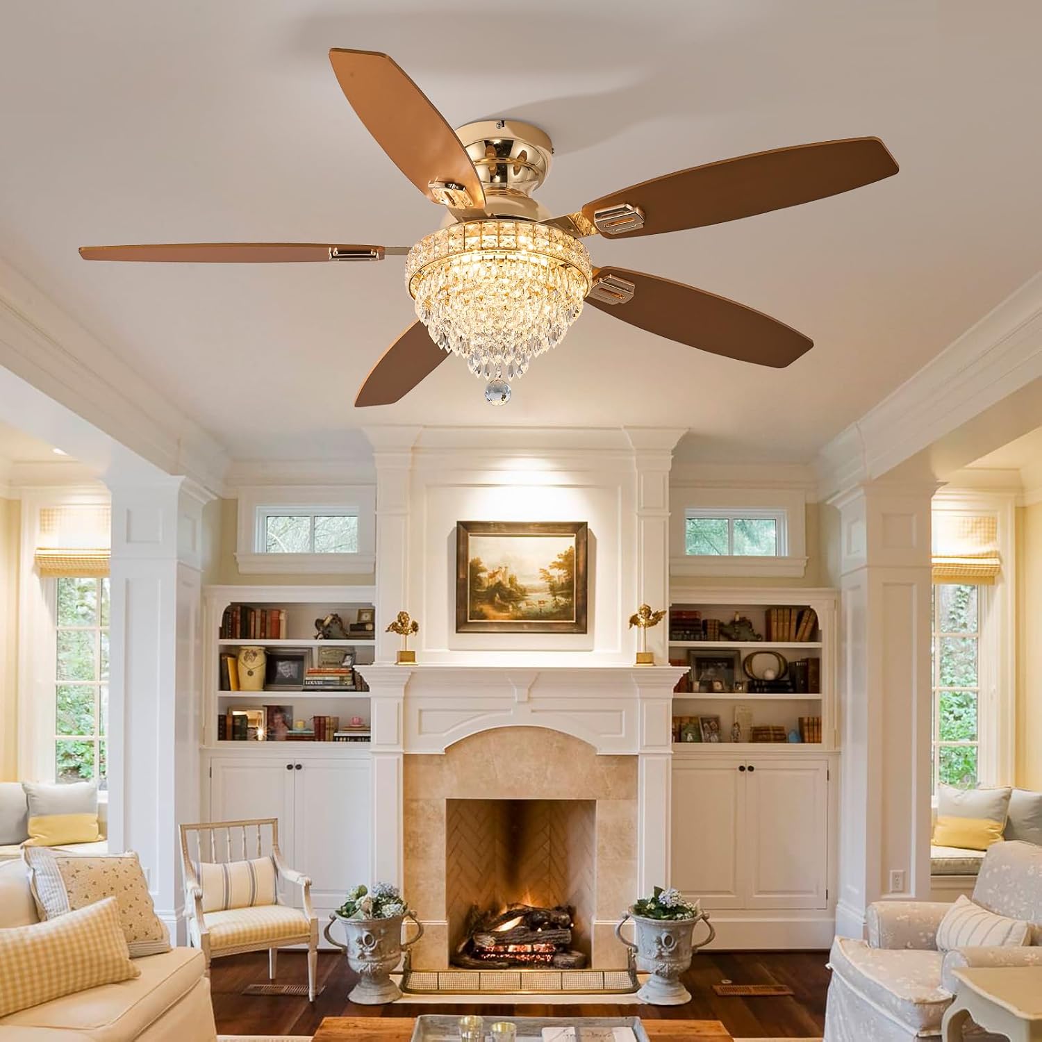 Crystal Ceiling Fan Fandelier with Lights-Ceiling Fans with Lights,54' Low Profile and Remote Control, Flush Mount, Reversible, Dimmable, Noiseless,Gold Ceiling Fan for Bedroom