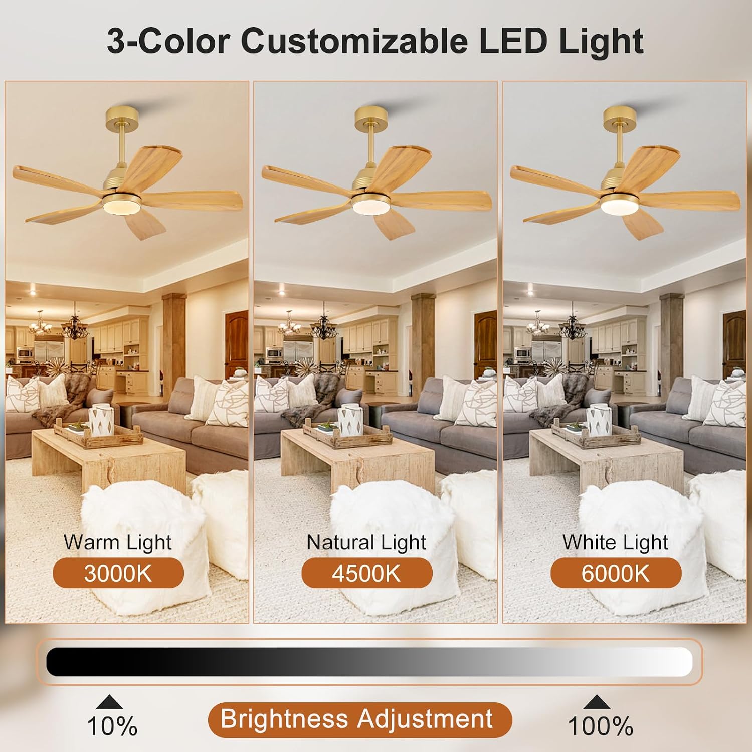42 Inch Ceiling Fans with Lights and Remote, 5 Blades Wood Ceiling Fan with Light, Dimmable, Wall Switch, Reversible DC Motor, Modern Indoor Outdoor Ceiling Fans for Patios Bedroom (Gold)