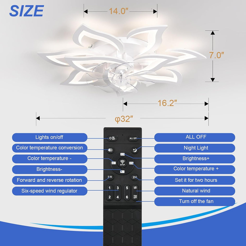 32' White Flower Ceiling Fan with Lights Remote Control, Modern LED Low Profile Flush Mount Ceiling Fan with Light for Kitchen Bedroom Living Room