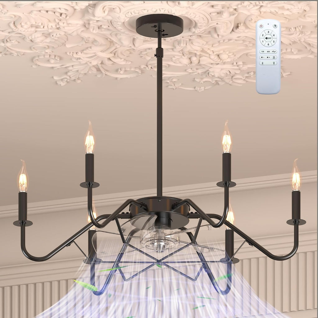 Ceiling Fan with Branch-Shaped Candlestick Chandelier 10%-100% Dimmable Rustic Hanging Chandelier for Bedroom, Dining Room, Kitchen Island, Foyer, Hallway-Black 29'