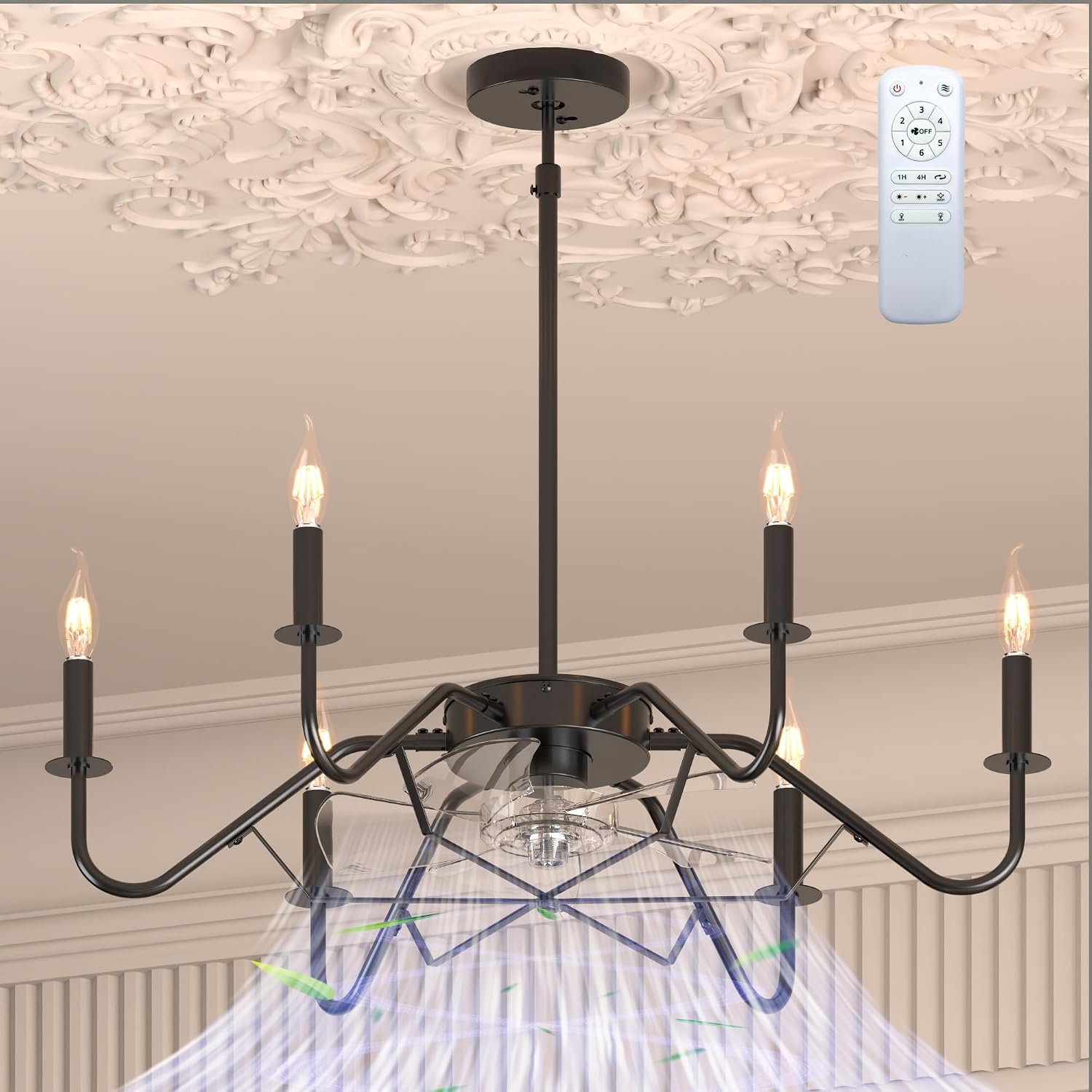 Ceiling Fan with Branch-Shaped Candlestick Chandelier 10%-100% Dimmable Rustic Hanging Chandelier for Bedroom, Dining Room, Kitchen Island, Foyer, Hallway-Black 29'