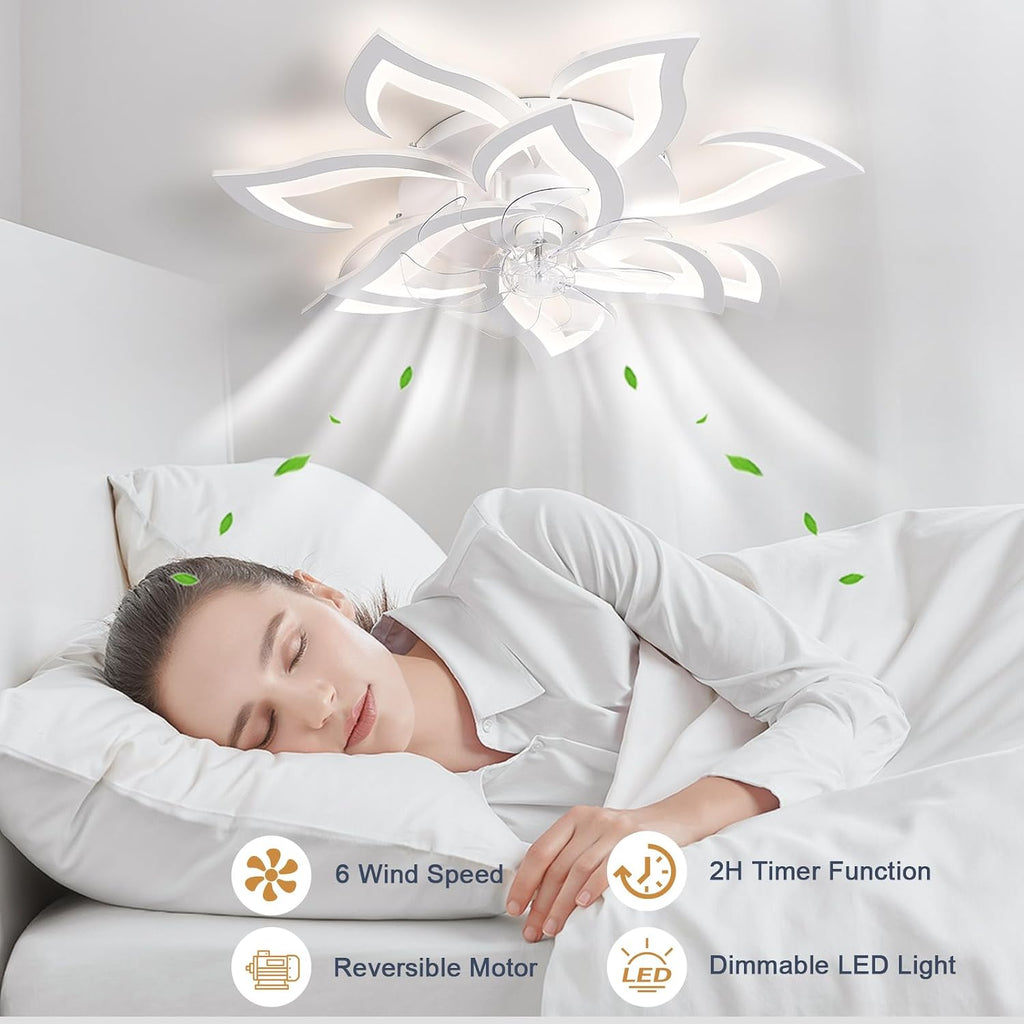 32' White Flower Ceiling Fan with Lights Remote Control, Modern LED Low Profile Flush Mount Ceiling Fan with Light for Kitchen Bedroom Living Room