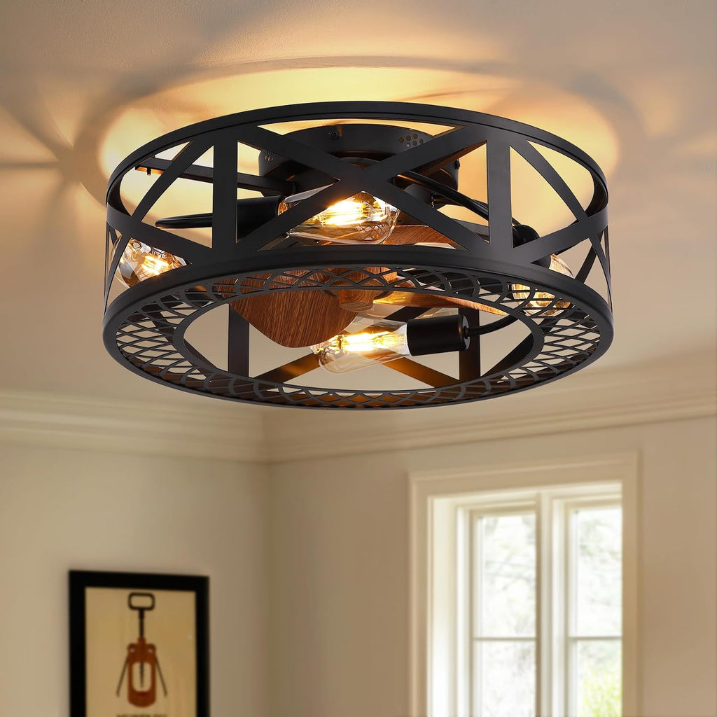 20' Caged Ceiling Fans with Lights, Modern Dimmable Flush Mount Ceiling Fan with Lights Remote, Black Low Profile Ceiling Fan for Bedroom, Kitchen,6 Speed Reversible