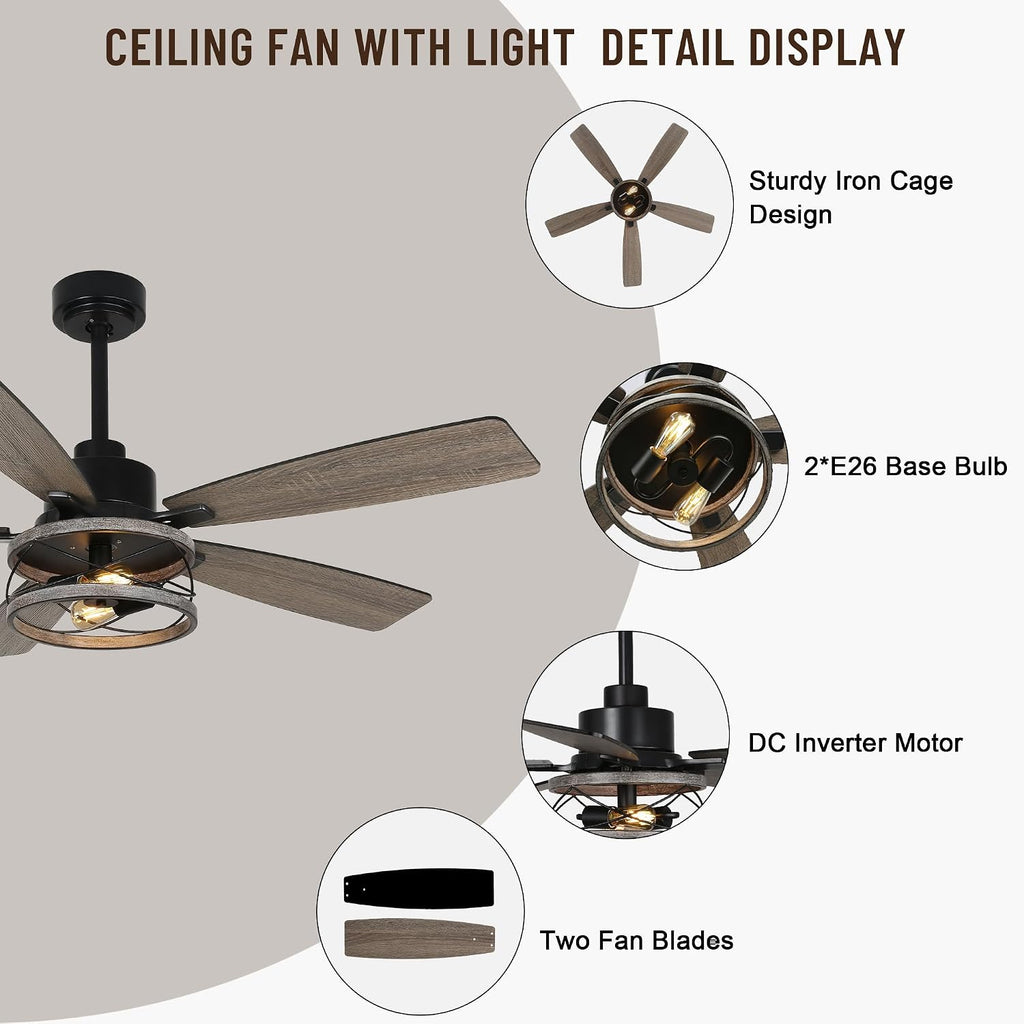 52'' Farmhouse Ceiling Fans with Lights and Remote,Chandelier Ceiling Fan with Reversible DC Motor,5 Double Colour Blades,Rustic Caged Ceiling Fan for Living Room,Dining Room,Bedroom