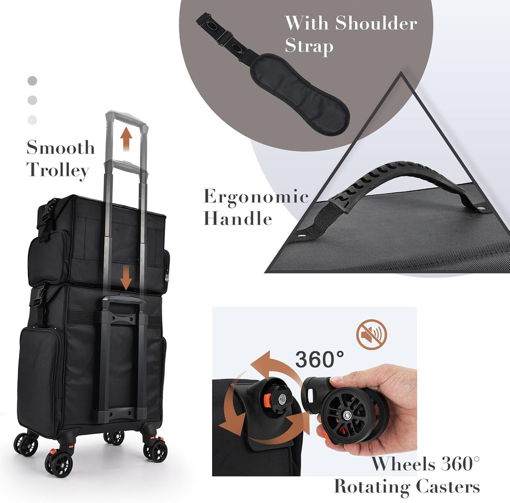 Stagiant Professional Rolling Makeup Case, Soft Sided Make up Train Case, Travel Organizer Portable with Wheel for Makeup Artist Cosmetology Nail Technician Hair Stylist Supplies, 2 In 1 Nylon Black