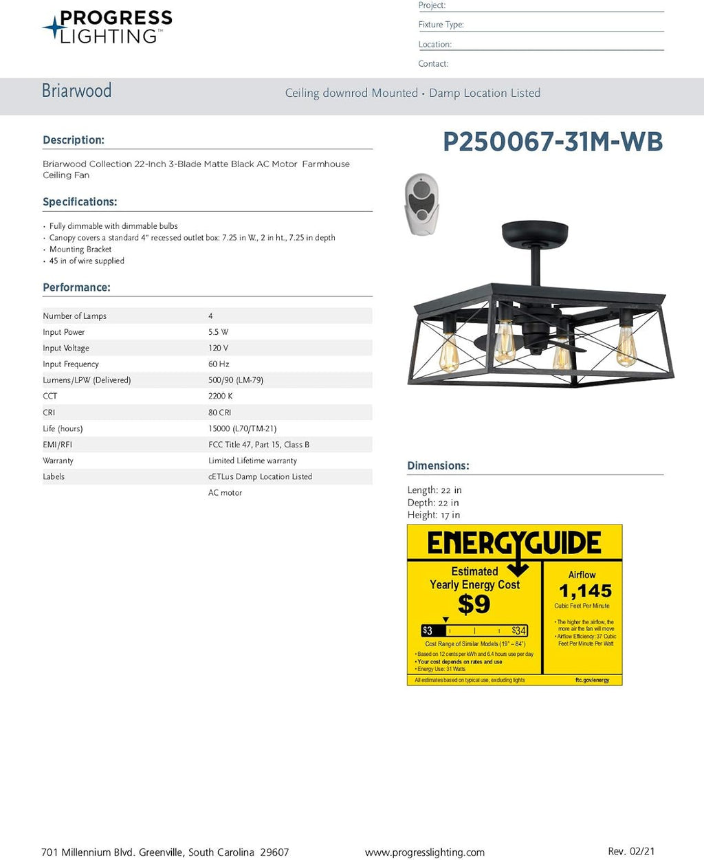 Progress Lighting Briarwood Collection 22-Inch 3-Blade AC Motor Farmhouse Ceiling Fan Matte Black, 17.00x22.00x22.00