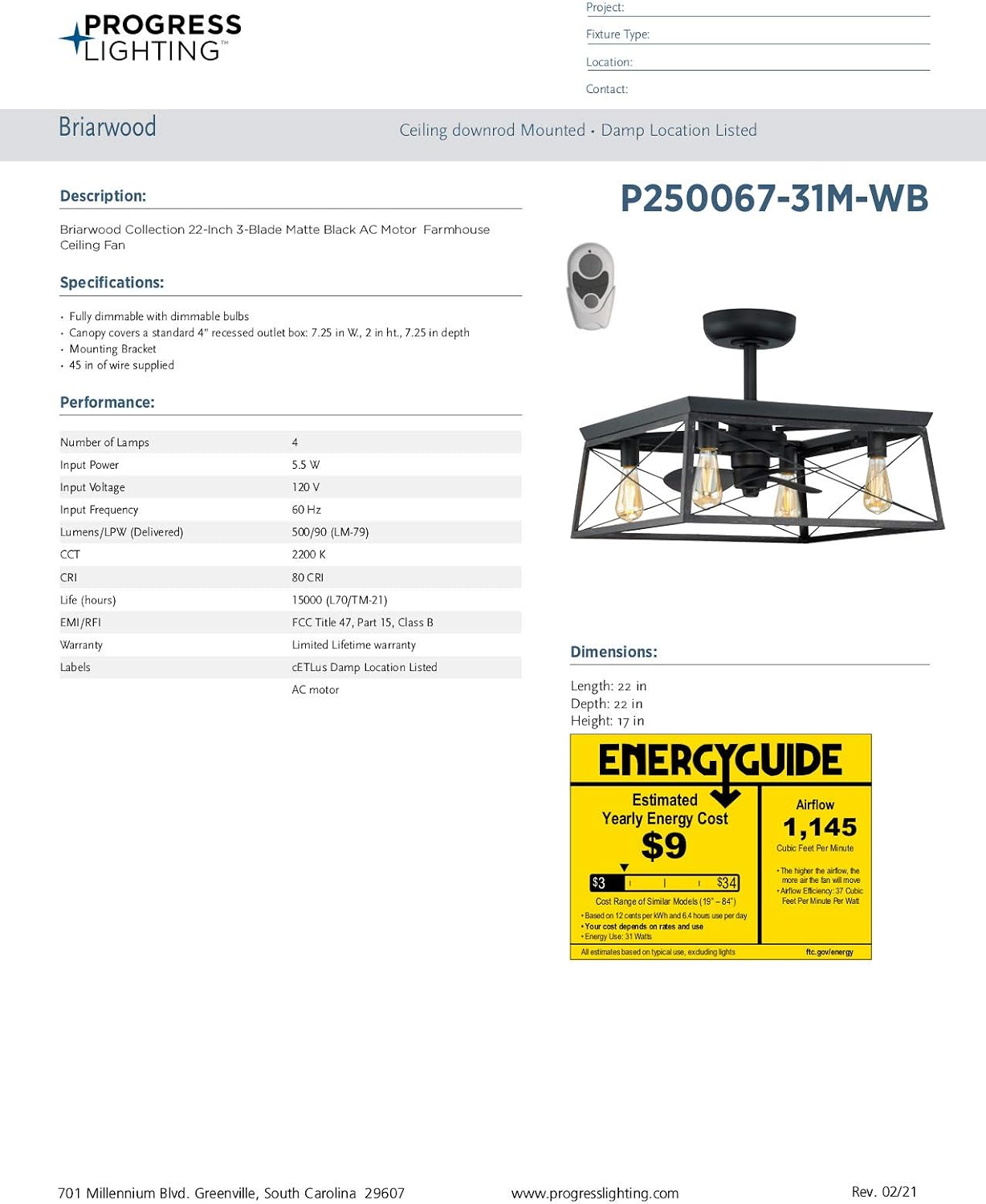 Progress Lighting Briarwood Collection 22-Inch 3-Blade AC Motor Farmhouse Ceiling Fan Matte Black, 17.00x22.00x22.00