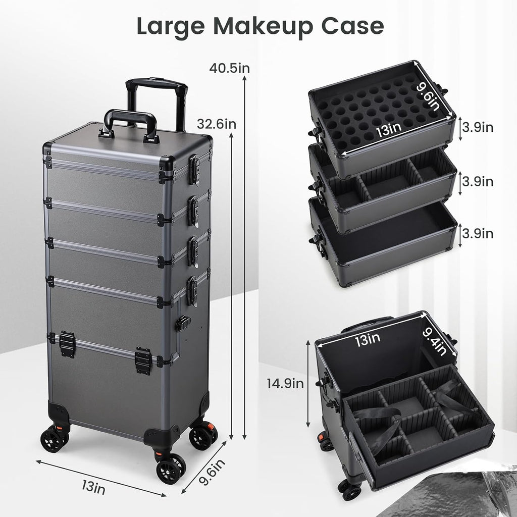 Yueieoun 5 in 1 Makeup Train Case, Cosmetology Case on Wheels Travel Make up Case Rolling Nail Cart Makeup Organizer Cosmetic Storage Box Cases Extra Large Trolley Truck, 360° Swivel Wheels, Ashy Grey