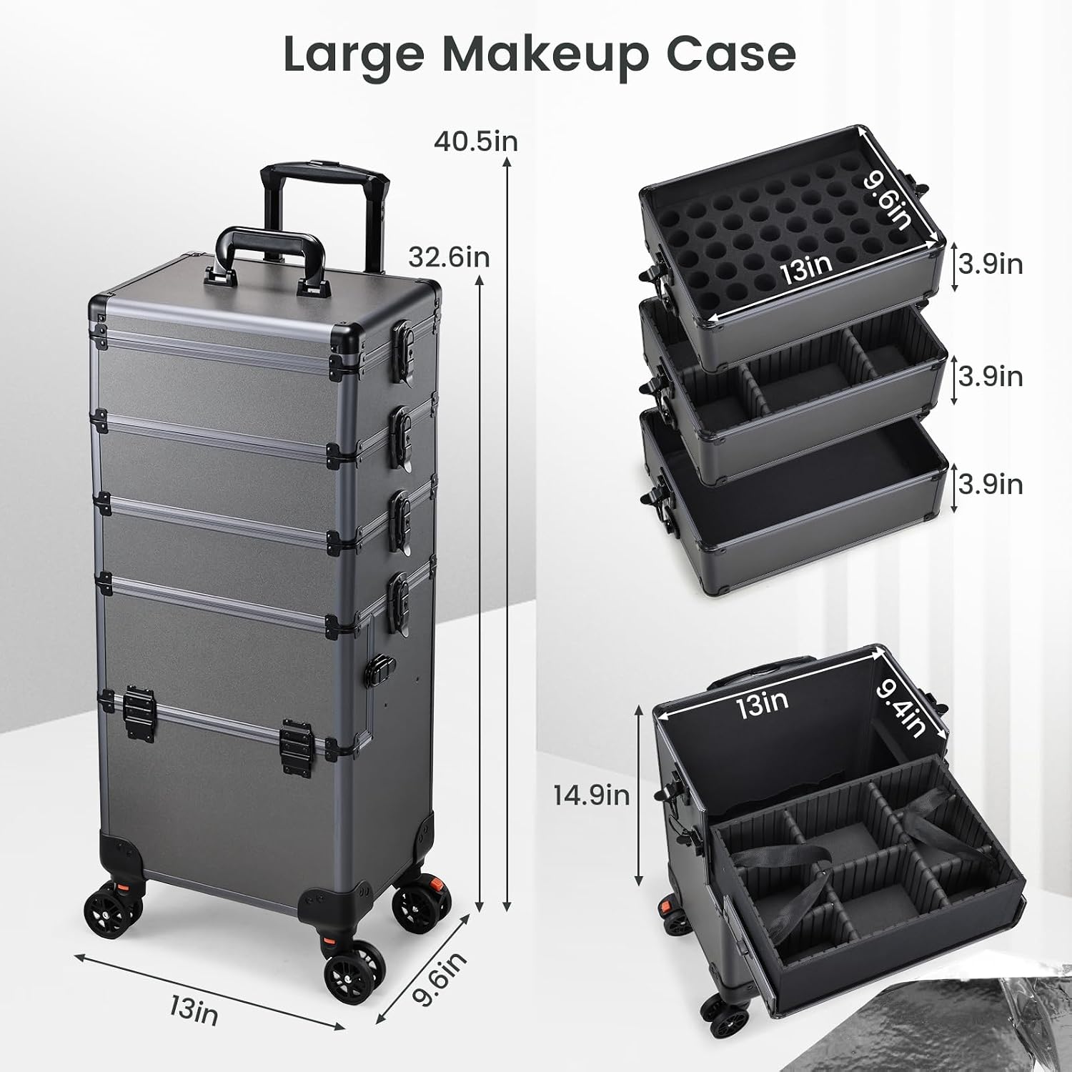 Yueieoun 5 in 1 Makeup Train Case, Cosmetology Case on Wheels Travel Make up Case Rolling Nail Cart Makeup Organizer Cosmetic Storage Box Cases Extra Large Trolley Truck, 360° Swivel Wheels, Ashy Grey