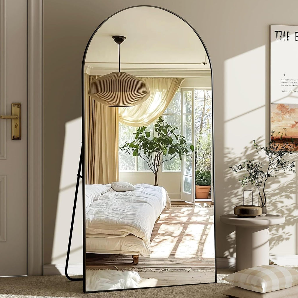 GLSLAND-30x71 inch Wall Mount Arched Full Length Mirror-Aluminum Alloy Frame High Definition-Full Body Mirror for Bedroom or Living Room,Black