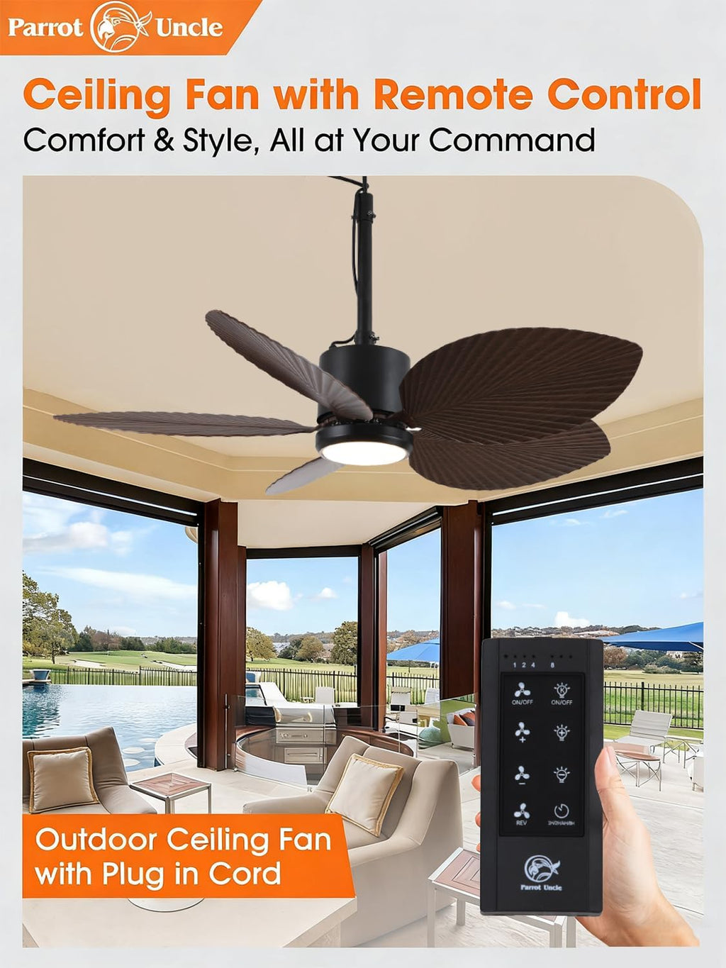 Parrot Uncle 42 Inch Outdoor Palm Leaf Ceiling Fan,IP66 Outdoor Waterproof Ceiling Fan with Light,3CCT 6-Speed Quite DC Motor, Wet Rated Plug in Fans for Patios Porch Pergola (Brown & Black)