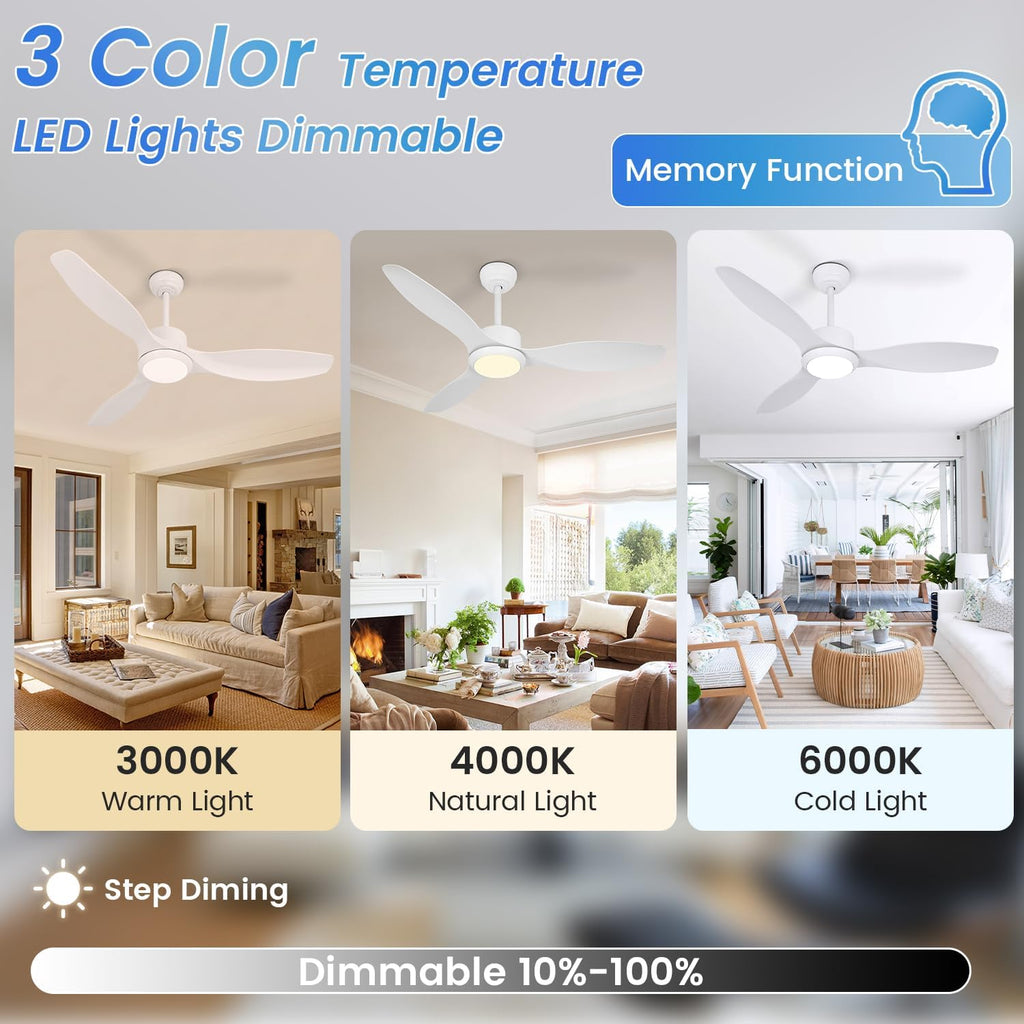 White Ceiling Fan with Light, 52' Outdoor Ceiling Fans with Lights and Remote, 3 Color Light, 6 Speed, DC Motor, for Bedroom/Outdoor/Patios, White