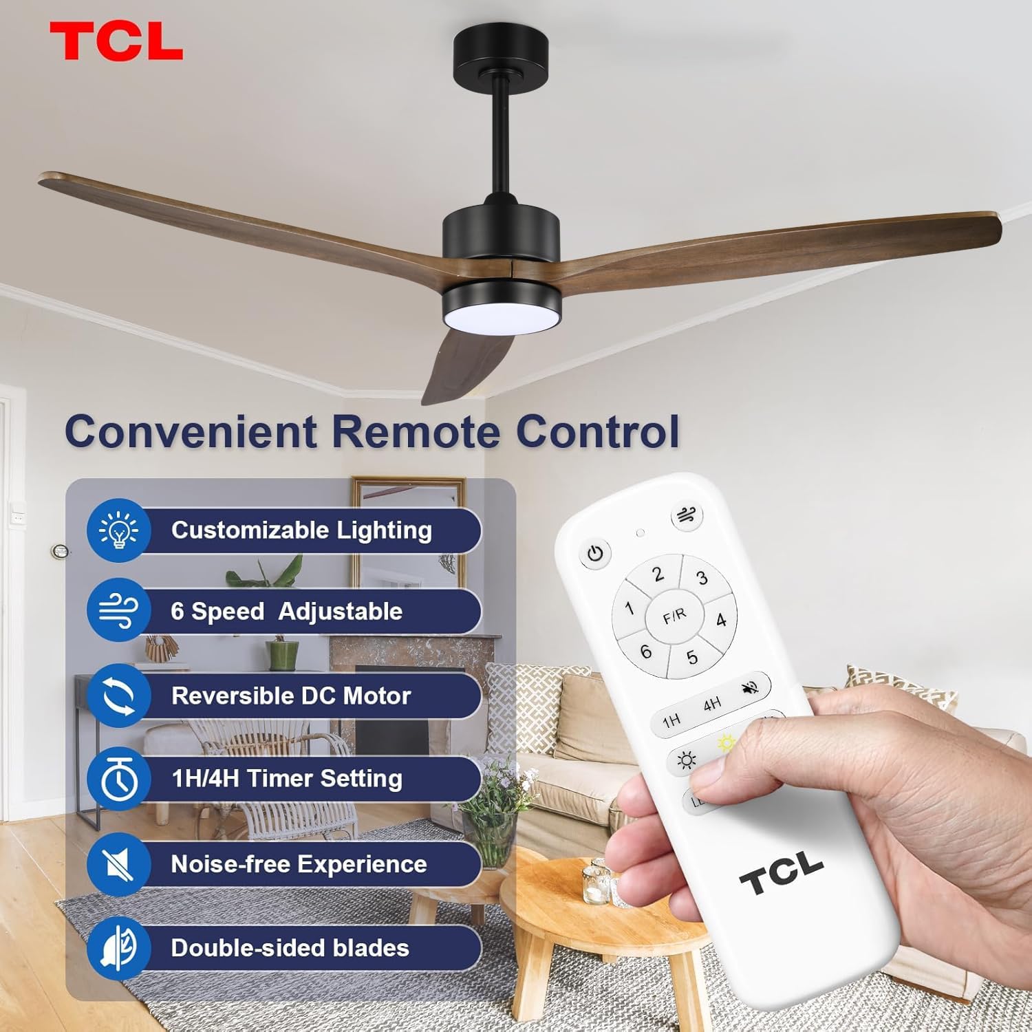 TCL Ceiling Fans with Light and Remote: 52 inch 3 Wooden Blades 3 Dimmable LED Fan for Room Indoor Modern Farmhouse Decor - 6 Speed Memory DC Reversible Fan Lights (Brown, 52 Inch)