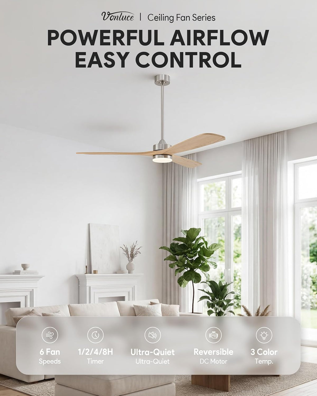 VONLUCE Wood Ceiling Fan with Lights, 60 Inch Ceiling Fan and Remote, 6 Speed Reversible Noiseless DC Motor, 3CCT, Solid Wood Outdoor Ceiling Fan for Patios Farmhouse, Nickel