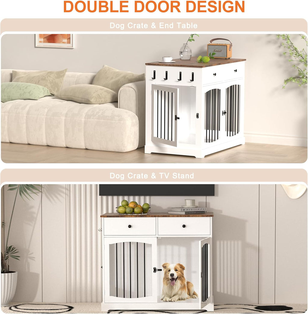 BREEZEHEAT Dog Crate Furniture with Drawers-Farmhouse Dog Kennel, White, 40 inch