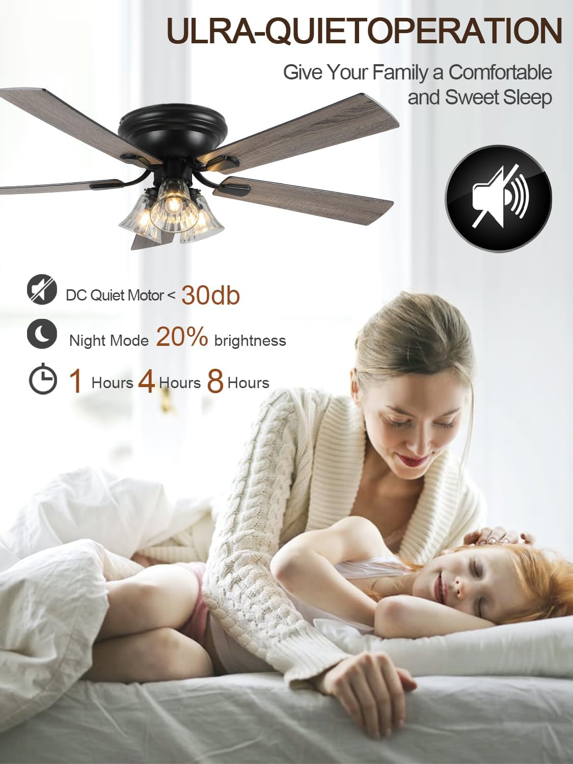 52' Flush Mount Farmhouse Ceiling Fan with Lights and Remote, Rustic Vintage Ceiling Fan Antique Fandelier 3-Lights 5 Reversible Blades Chandelier for Bedroom Living Room Dining Room