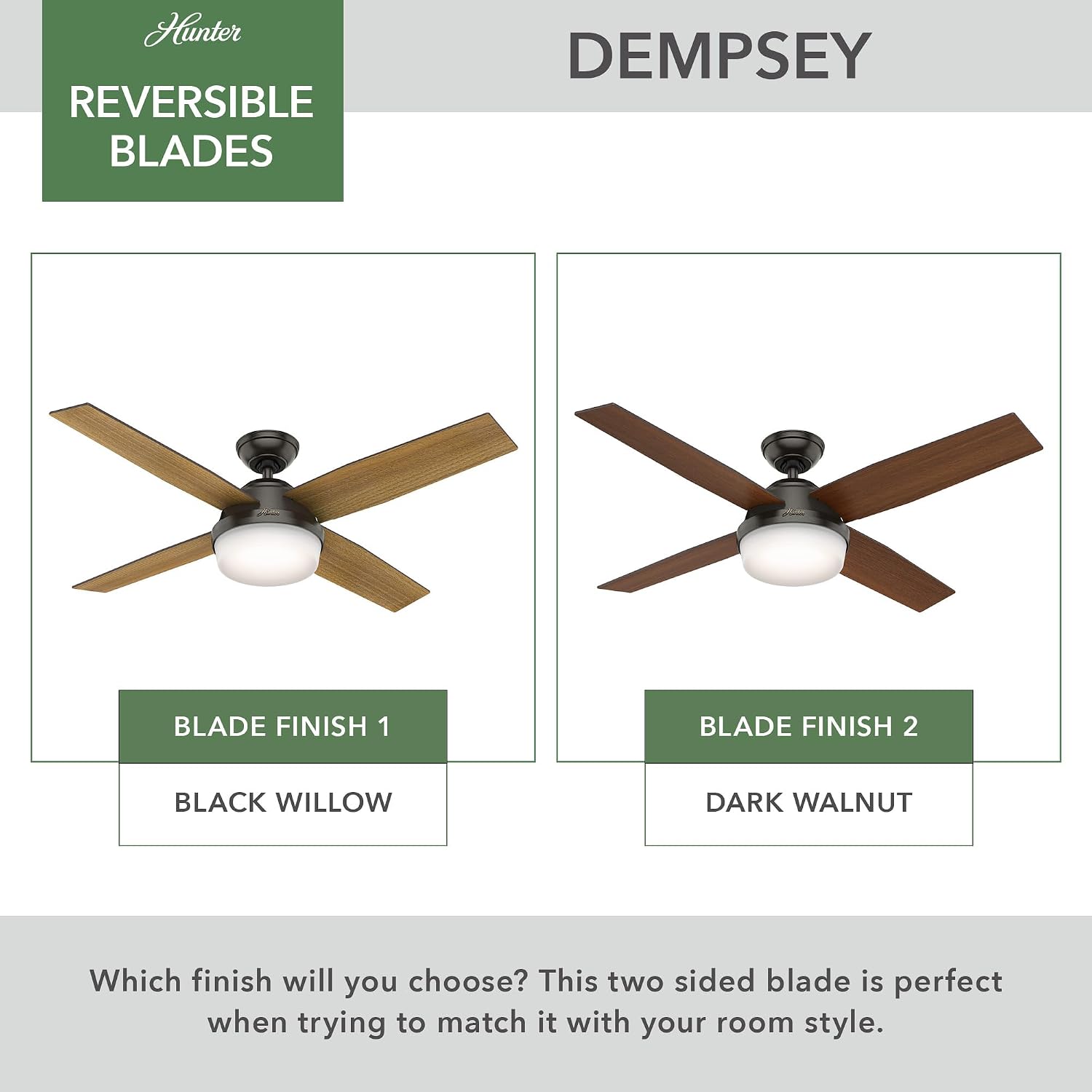 Hunter 52 inch Outdoor or Indoor Ceiling Fan with LED Light and Remote Control - Black Ceiling Fan, Standard Mount, 4 Blades, For Patio, Porch, Garage, or Living Room - Dempsey 59251, Matte Black